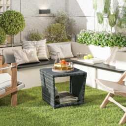 Outsunny Side Table 2-Tier Outdoor Coffee Table with Storage Shelf PS Wood Slat Top/Grey - thumbnail 2