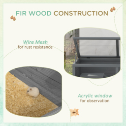 PawHut Wooden Hamster Cage with Sliding Tray, Openable Top, Hut for Syrian Hamsters, Grey - thumbnail 7