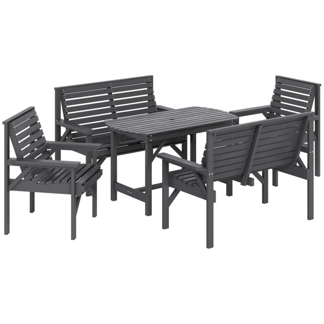 Outsunny 5 Piece Wooden Garden Dining Set for 6, Outdoor Conversation Set with 2 Armchairs, 2 Loveseats and Dining Table with Umbrella Hole for Patio, Balcony, Grey - image 1