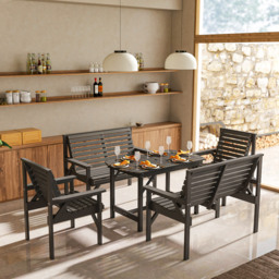 Outsunny 5 Piece Wooden Garden Dining Set for 6, Outdoor Conversation Set with 2 Armchairs, 2 Loveseats and Dining Table with Umbrella Hole for Patio, Balcony, Grey - thumbnail 7