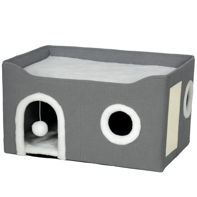 PawHut Cat Bed for Indoor Pets, Foldable Cat House with Fluffy Ball and Scratch Pad for Small and Medium Pets, Grey - image 1