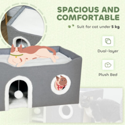 PawHut Cat Bed for Indoor Pets, Foldable Cat House with Fluffy Ball and Scratch Pad for Small and Medium Pets, Grey - thumbnail 6