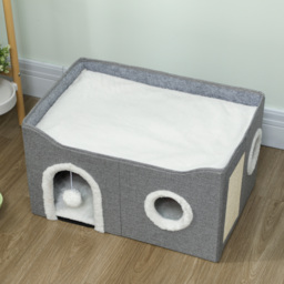 PawHut Cat Bed for Indoor Pets, Foldable Cat House with Fluffy Ball and Scratch Pad for Small and Medium Pets, Grey - thumbnail 8