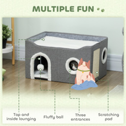 PawHut Cat Bed for Indoor Pets, Foldable Cat House with Fluffy Ball and Scratch Pad for Small and Medium Pets, Grey - thumbnail 4