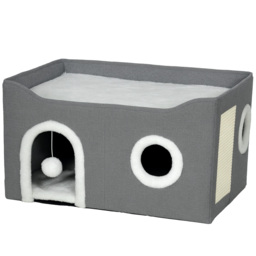 PawHut Cat Bed for Indoor Pets, Foldable Cat House with Fluffy Ball and Scratch Pad for Small and Medium Pets, Grey - thumbnail 1