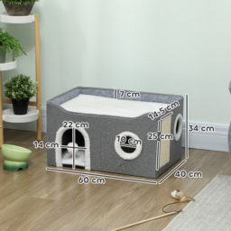 PawHut Cat Bed for Indoor Pets, Foldable Cat House with Fluffy Ball and Scratch Pad for Small and Medium Pets, Grey - thumbnail 3