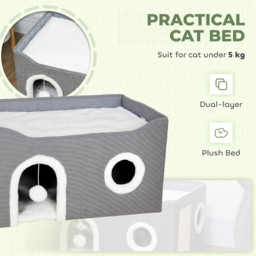 PawHut Cat Bed for Indoor Pets, Foldable Cat House with Fluffy Ball and Scratch Pad for Small and Medium Pets, Grey - thumbnail 6