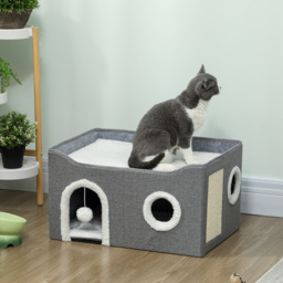 PawHut Cat Bed for Indoor Pets, Foldable Cat House with Fluffy Ball and Scratch Pad for Small and Medium Pets, Grey - thumbnail 2