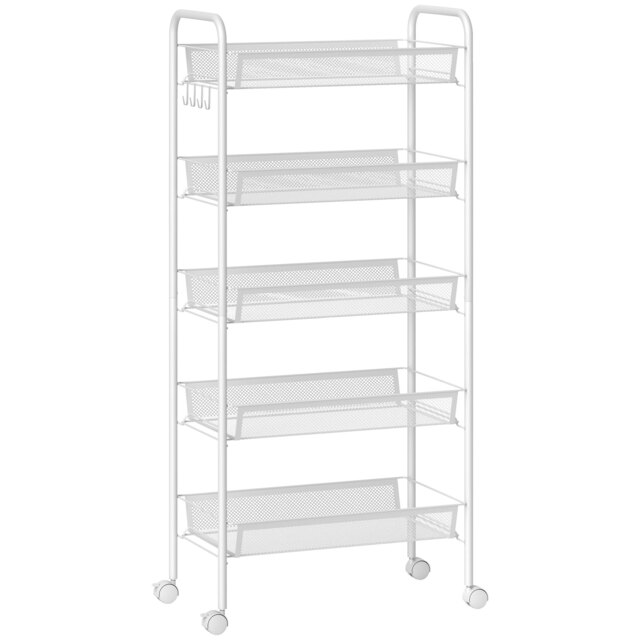 HOMCOM Five-Steel Mesh Basket Storage Trolley, with Wheels - White - image 1