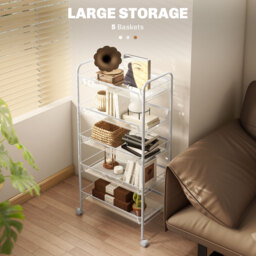 HOMCOM Five-Steel Mesh Basket Storage Trolley, with Wheels - White - thumbnail 4