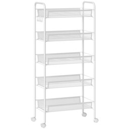 HOMCOM Five-Steel Mesh Basket Storage Trolley, with Wheels - White - thumbnail 1