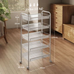 HOMCOM Five-Steel Mesh Basket Storage Trolley, with Wheels - White - thumbnail 3
