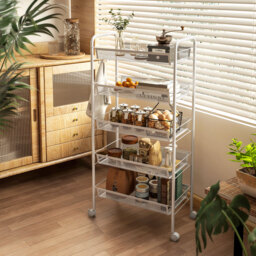 HOMCOM Five-Steel Mesh Basket Storage Trolley, with Wheels - White - thumbnail 2