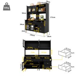 Multi-Layered Storage Cabinet with Glass Doors, Wine Glass Holder, Versatile Storage Unit with Raised Design, 145L x 39W x 171H cm, Black - Aosom UK - thumbnail 3