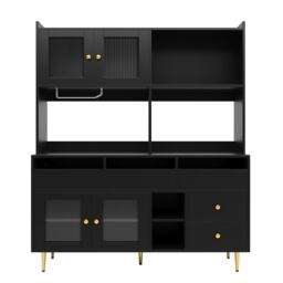 Multi-Layered Storage Cabinet with Glass Doors, Wine Glass Holder, Versatile Storage Unit with Raised Design, 145L x 39W x 171H cm, Black - Aosom UK - thumbnail 2