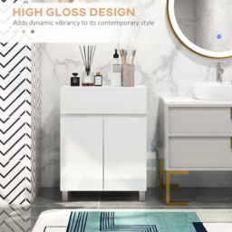 Kleankin Freestanding Bathroom Cabinet: High Gloss Storage with Drawer, Adjustable Shelf, White - thumbnail 4