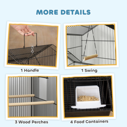 PawHut Metal Bird Cage with Plastic Swing, Perch, Food Container, Tray, Handle, for Finches, Canaries, Budgies, 43 x 32.5 x 163 - thumbnail 4