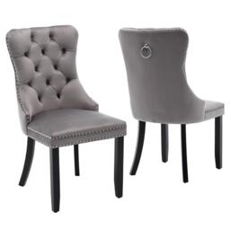 Set of 2 Velvet Dining Chairs with Knocker Ring, Button Tufted Backrest, Upholstered Chairs with Rubber Wood Legs, 50L x 64W x 96H cm, Grey - Aosom.UK - thumbnail 2