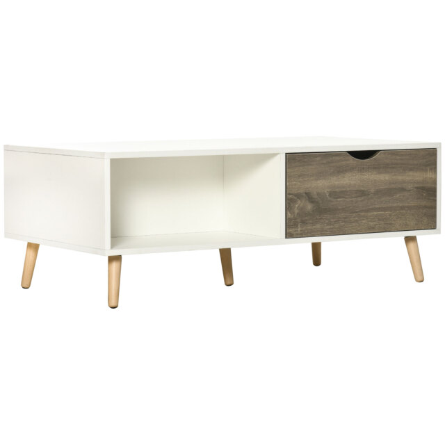 HOMCOM Coffee Table, Modern Tea Table with Open Storage Shelves, Two Drawers and Solid Wood Legs, Coffee Tables for Living Room, White - Aosom UK - image 1