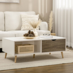 HOMCOM Coffee Table, Modern Tea Table with Open Storage Shelves, Two Drawers and Solid Wood Legs, Coffee Tables for Living Room, White - Aosom UK - thumbnail 2