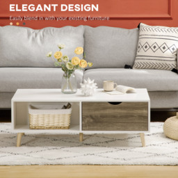 HOMCOM Coffee Table, Modern Tea Table with Open Storage Shelves, Two Drawers and Solid Wood Legs, Coffee Tables for Living Room, White - Aosom UK - thumbnail 4