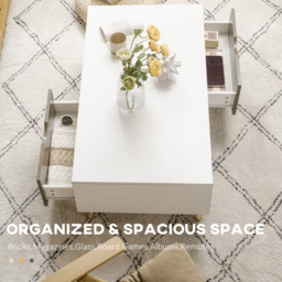 HOMCOM Coffee Table, Modern Tea Table with Open Storage Shelves, Two Drawers and Solid Wood Legs, Coffee Tables for Living Room, White - Aosom UK - thumbnail 5
