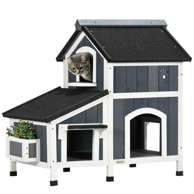 PawHut Wooden Cat House Outdoor with Flower Pot, 2 Tiers Cat Shelter with Window, Multiple Entrances, Water-resistant Roof, Grey - image 1