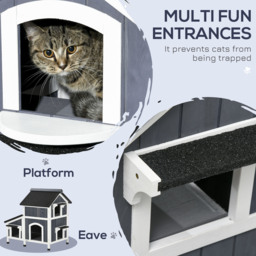 PawHut Wooden Cat House Outdoor with Flower Pot, 2 Tiers Cat Shelter with Window, Multiple Entrances, Water-resistant Roof, Grey - thumbnail 4