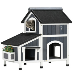 PawHut Wooden Cat House Outdoor with Flower Pot, 2 Tiers Cat Shelter with Window, Multiple Entrances, Water-resistant Roof, Grey - thumbnail 1