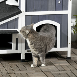 PawHut Wooden Cat House Outdoor with Flower Pot, 2 Tiers Cat Shelter with Window, Multiple Entrances, Water-resistant Roof, Grey - thumbnail 8