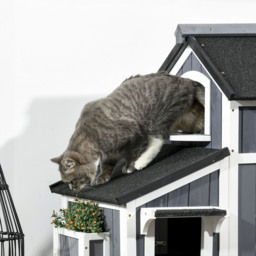 PawHut Wooden Cat House Outdoor with Flower Pot, 2 Tiers Cat Shelter with Window, Multiple Entrances, Water-resistant Roof, Grey - thumbnail 9