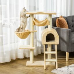 PawHut Cat Tree with Scratching Post, Hammock, Condo, Basket, Ladder Activity Centre for Kittens, 98 cm, Beige - Aosom UK - thumbnail 2