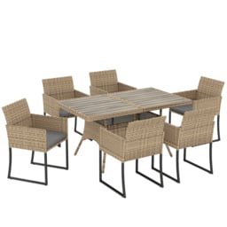 Outsunny 7 Piece Rattan Garden Furniture Set, Garden Dining Set with Wood-Plastic Table and 6 Stackable Chairs, Dark Grey - thumbnail 1