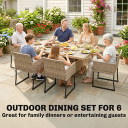 Outsunny 7 Piece Rattan Garden Furniture Set, Garden Dining Set with Wood-Plastic Table and 6 Stackable Chairs, Dark Grey - thumbnail 4