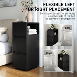 HOMCOM Slim Bedside Table, Narrow Bedside Cabinet with Open Shelf and 2 Drawers for Bedroom, Living Room, Black - thumbnail 6