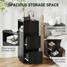 HOMCOM Slim Bedside Table, Narrow Bedside Cabinet with Open Shelf and 2 Drawers for Bedroom, Living Room, Black - thumbnail 4