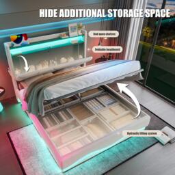 Functional Bed with Additional Under-Bed Storage, Bed Frame with Wavy LED Side Lighting and USB Ports, 143L x 211W x 115.5H cm, Beige - Aosom UK - thumbnail 6