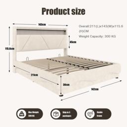 Functional Bed with Additional Under-Bed Storage, Bed Frame with Wavy LED Side Lighting and USB Ports, 143L x 211W x 115.5H cm, Beige - Aosom UK - thumbnail 3