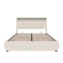 Functional Bed with Additional Under-Bed Storage, Bed Frame with Wavy LED Side Lighting and USB Ports, 143L x 211W x 115.5H cm, Beige - Aosom UK - thumbnail 2