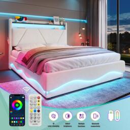 Functional Bed with Additional Under-Bed Storage, Bed Frame with Wavy LED Side Lighting and USB Ports, 143L x 211W x 115.5H cm, Beige - Aosom UK - thumbnail 5