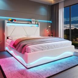 Functional Bed with Additional Under-Bed Storage, Bed Frame with Wavy LED Side Lighting and USB Ports, 143L x 211W x 115.5H cm, Beige - Aosom UK