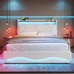 Functional Bed with Additional Under-Bed Storage, Bed Frame with Wavy LED Side Lighting and USB Ports, 143L x 211W x 115.5H cm, Beige - Aosom UK - thumbnail 9