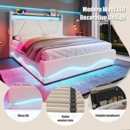 Functional Bed with Additional Under-Bed Storage, Bed Frame with Wavy LED Side Lighting and USB Ports, 143L x 211W x 115.5H cm, Beige - Aosom UK - thumbnail 4