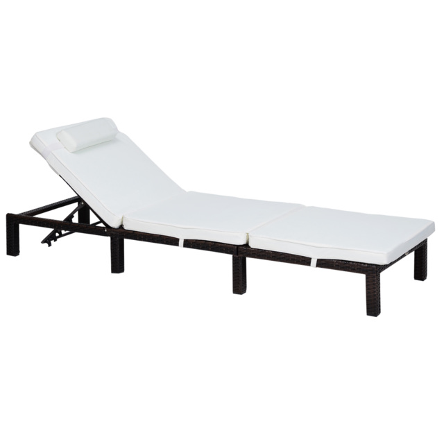 Outsunny Garden Outdoor Rattan Furniture Patio Sun Lounger Recliner Reclining Chair Bed Fire Resistant Sponge, Cream White - Aosom UK