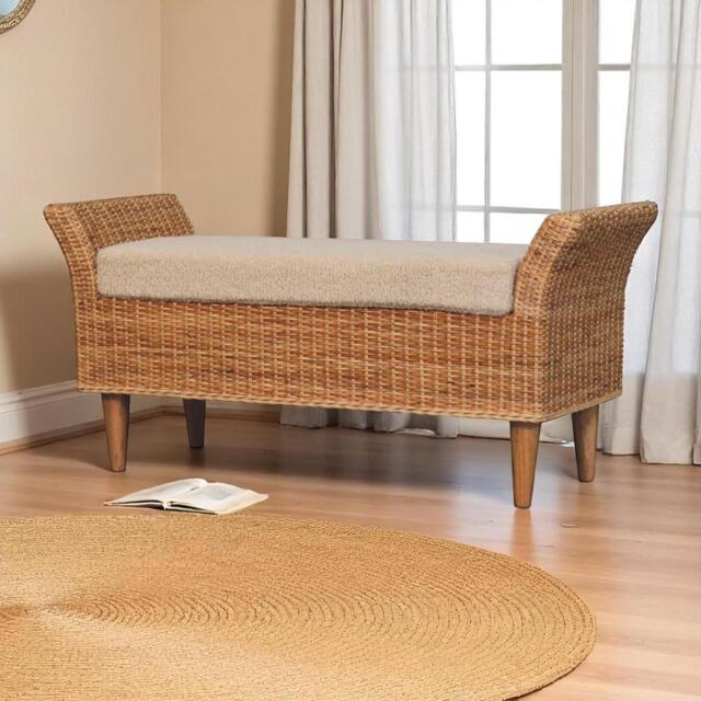 Woven Small Bench, Upholstered Window Seat with Arms and Wooden Legs, Vintage Shoe Bench for Entryway, Living Room, Bedroom - Aosom UK - image 1