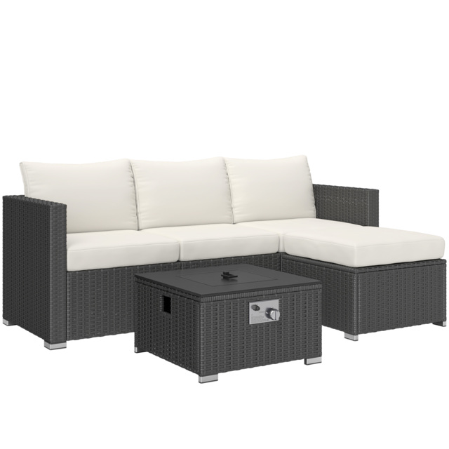 Outsunny Five Piece Rattan Garden Furniture Set with Gas Fire Pit Table and Footstool - Black and Cream White - image 1