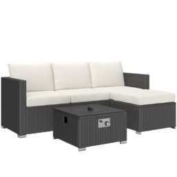 Outsunny Five Piece Rattan Garden Furniture Set with Gas Fire Pit Table and Footstool - Black and Cream White - thumbnail 1