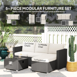 Outsunny Five Piece Rattan Garden Furniture Set with Gas Fire Pit Table and Footstool - Black and Cream White - thumbnail 4