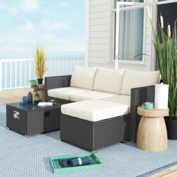 Outsunny Five Piece Rattan Garden Furniture Set with Gas Fire Pit Table and Footstool - Black and Cream White - thumbnail 9