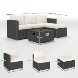 Outsunny Five Piece Rattan Garden Furniture Set with Gas Fire Pit Table and Footstool - Black and Cream White - thumbnail 3